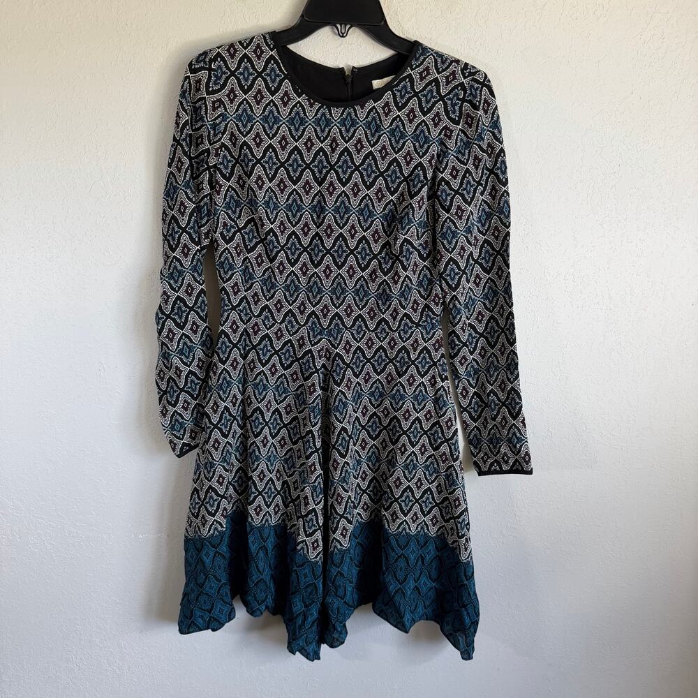 Shoshanna Black White Blue Geometric Print 100% Silk Flared Hem Dress Womens 2